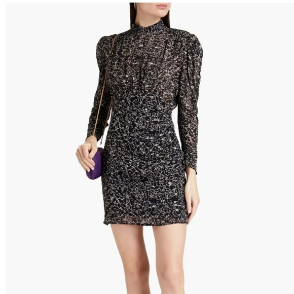 ba&sh Acia Printed Metallic Fil Coupé Georgette Mini Dress Size 2 - Picture 1 of 12